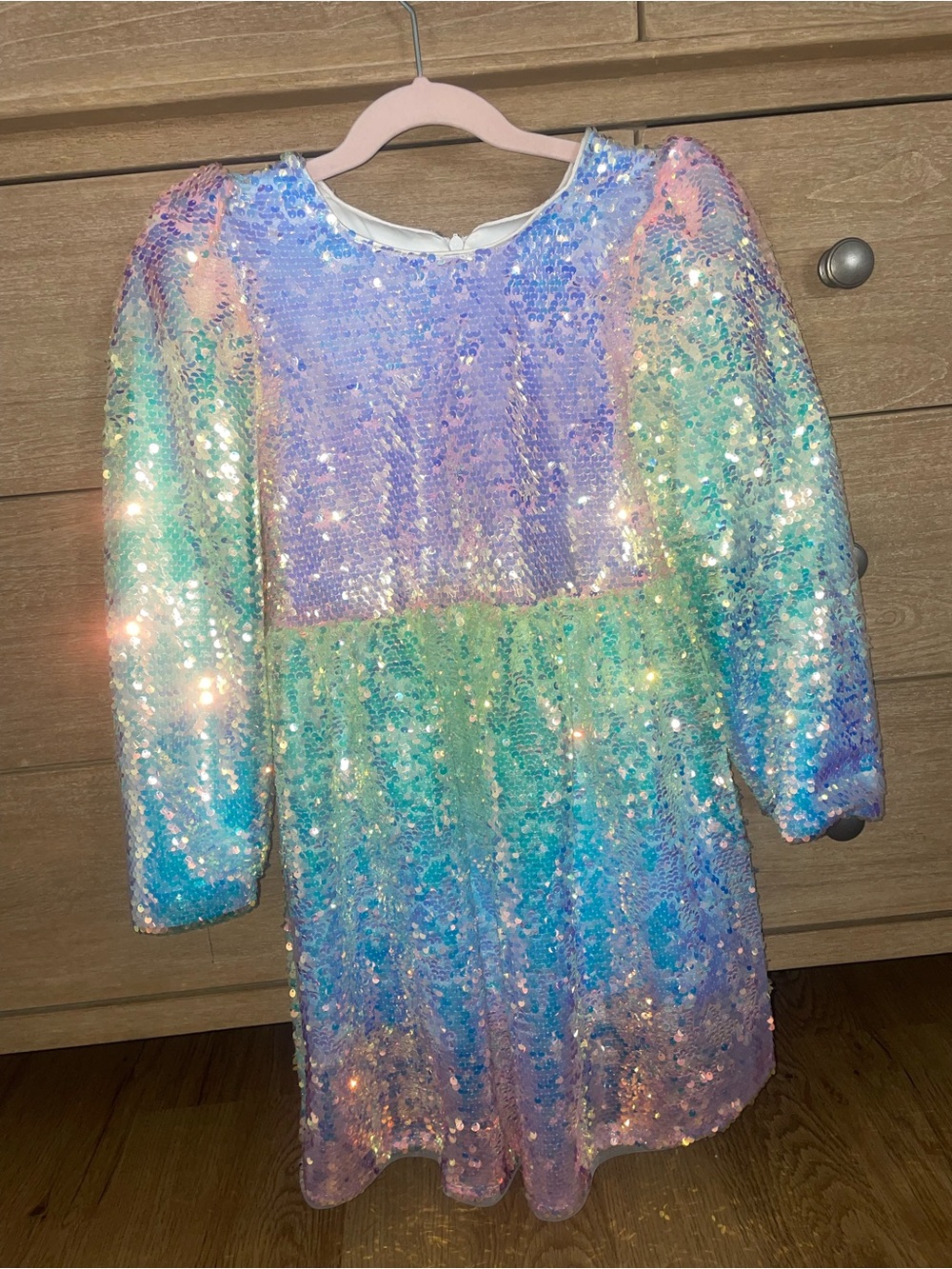 Iridescent Sequin Shift Dress in Pastel Rainbow
